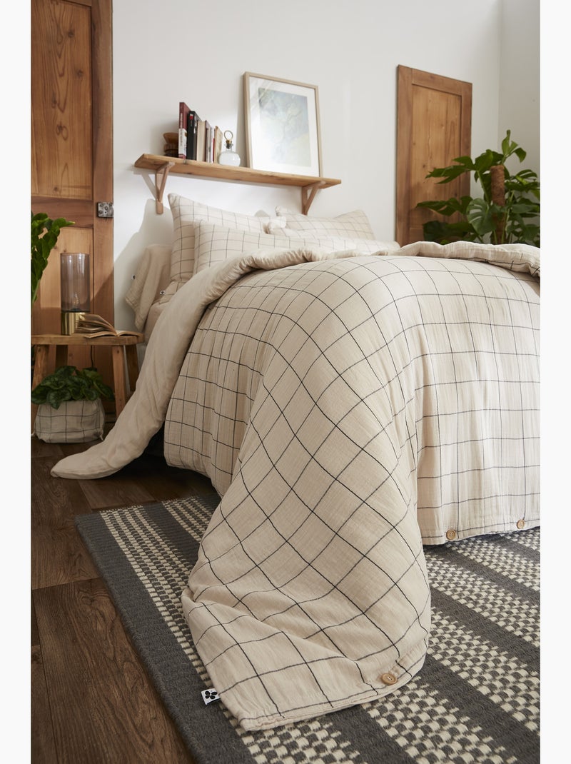 Housse de couette réversible - Gaze de coton tissée teinte - Grands carreaux - Gaïa Match Beige - Kiabi