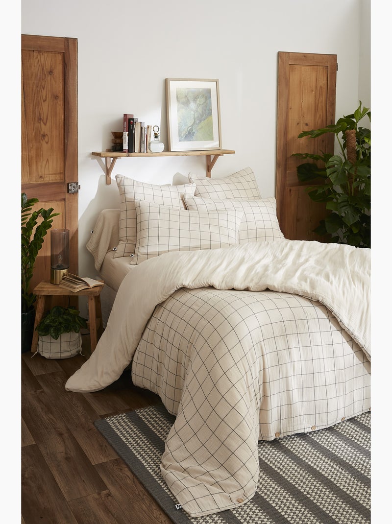 Housse de couette réversible - Gaze de coton tissée teinte - Grands carreaux - Gaïa Match Beige - Kiabi