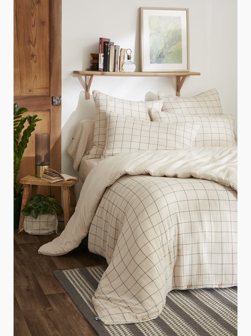 Housse de couette réversible - Gaze de coton tissée teinte - Grands carreaux - Gaïa Match Beige - Kiabi