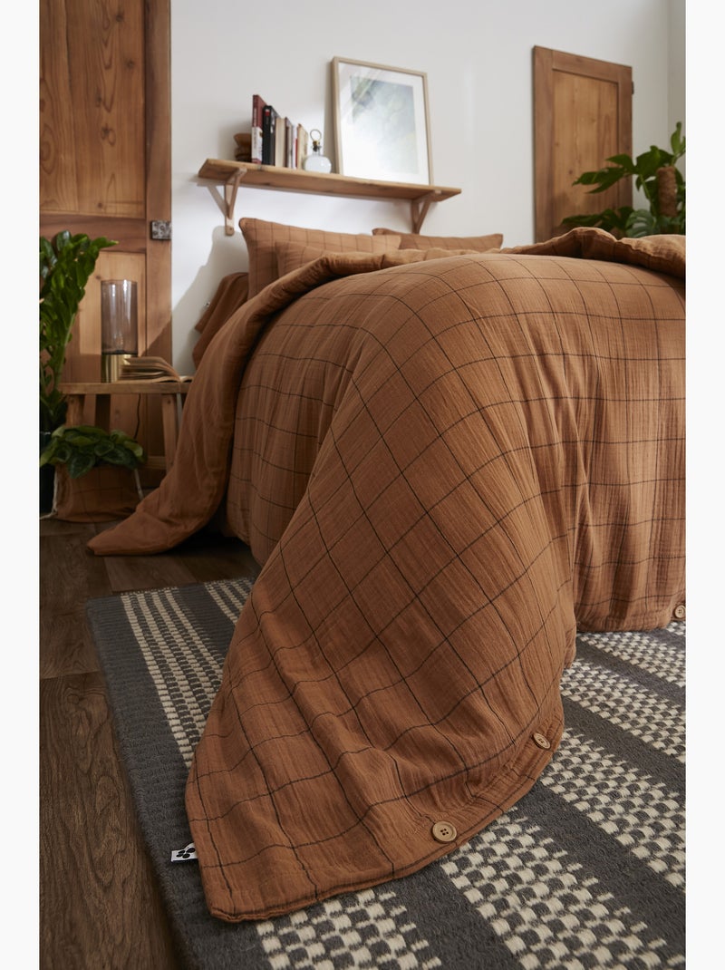 Housse de couette réversible - Gaze de coton tissée teinte - Grands carreaux - Gaïa Match Camel - Kiabi