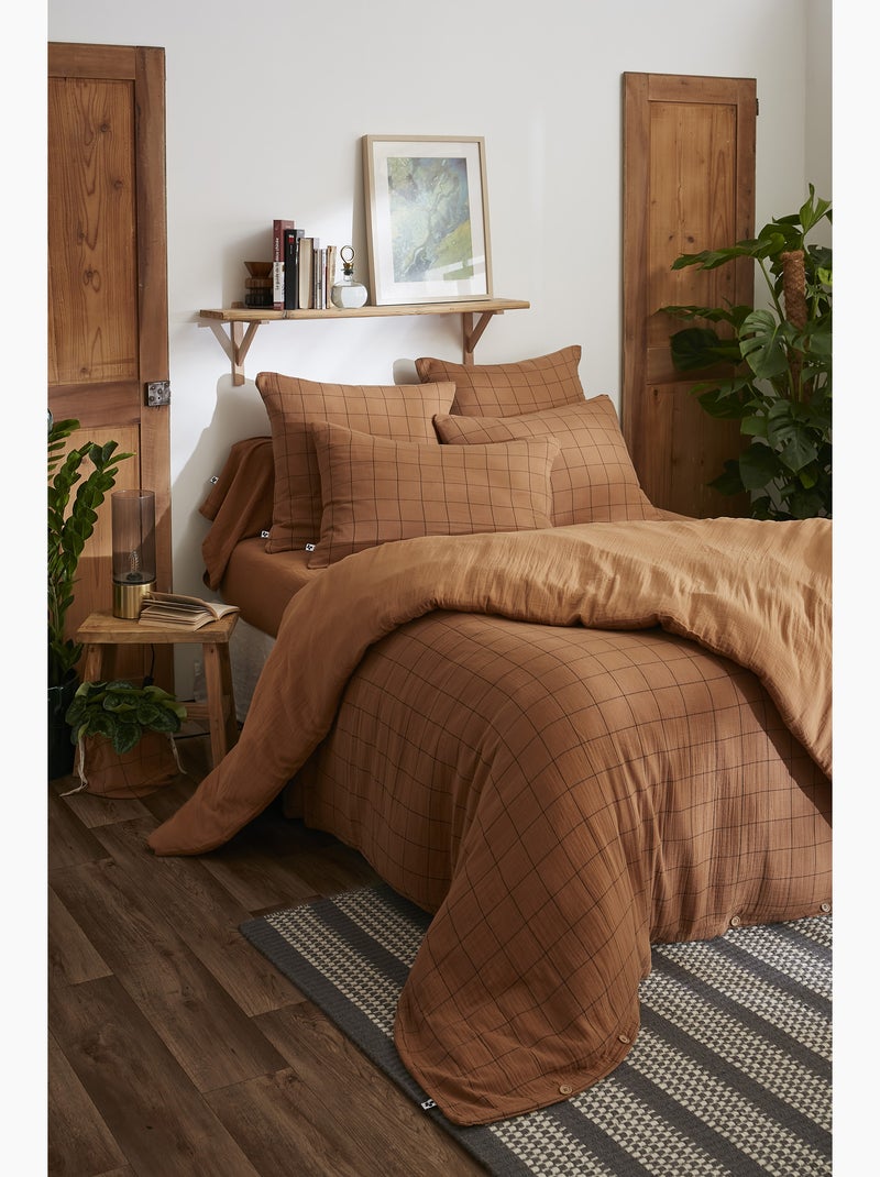 Housse de couette réversible - Gaze de coton tissée teinte - Grands carreaux - Gaïa Match Camel - Kiabi