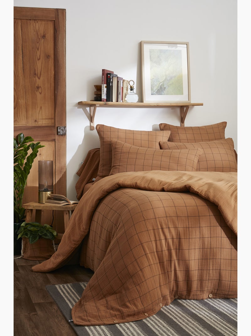 Housse de couette réversible - Gaze de coton tissée teinte - Grands carreaux - Gaïa Match Camel - Kiabi