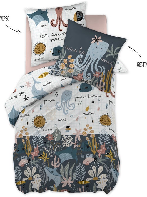 Housse de couette réversible + 1 taie d’oreiller – Coton 57 fils – Imprimé Octopia - Kiabi
