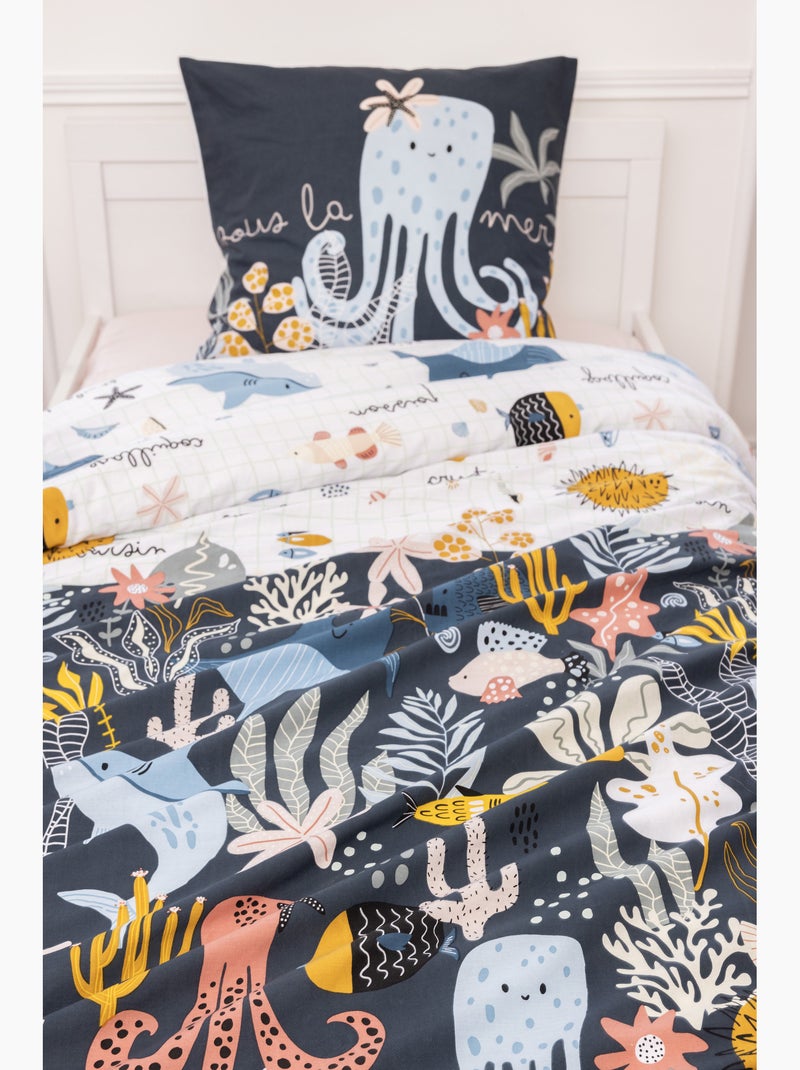 Housse de couette réversible + 1 taie d’oreiller – Coton 57 fils – Imprimé Octopia Bleu - Kiabi