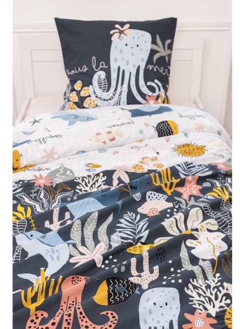 Housse de couette réversible + 1 taie d’oreiller – Coton 57 fils – Imprimé Octopia - Kiabi