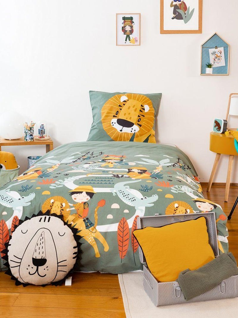 Housse de couette réversible 140x200 cm + 1 taie d'oreiller 63x63 cm Coton Promenade Vert - Kiabi
