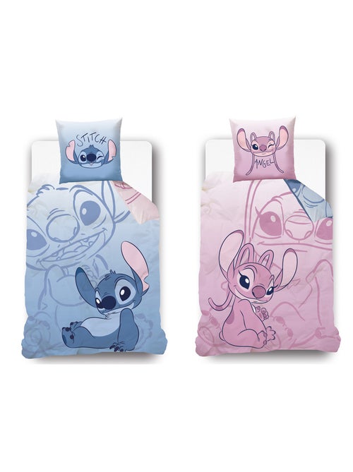 Housse de couette réversible Disney Angel et Stitch 140x200 cm - 100% Coton - Bleu/Rose - Kiabi
