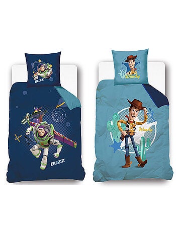 Housse de couette réversible Disney Toy Story Buzz et Woody 140x200 cm - 100% Coton - Bleu/Beige