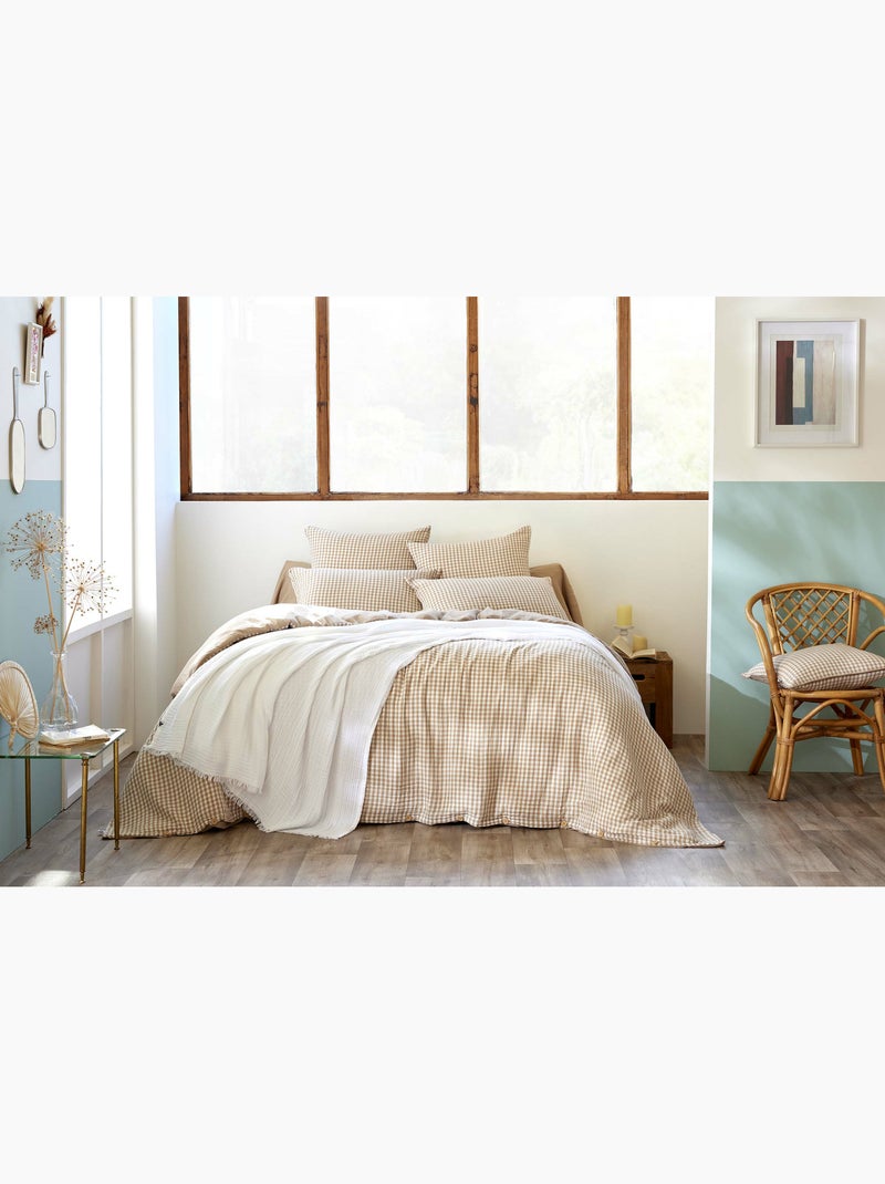 Housse de couette réversible – gaze de coton tissée teintée – carreaux vichy - vickie Beige clair - Kiabi
