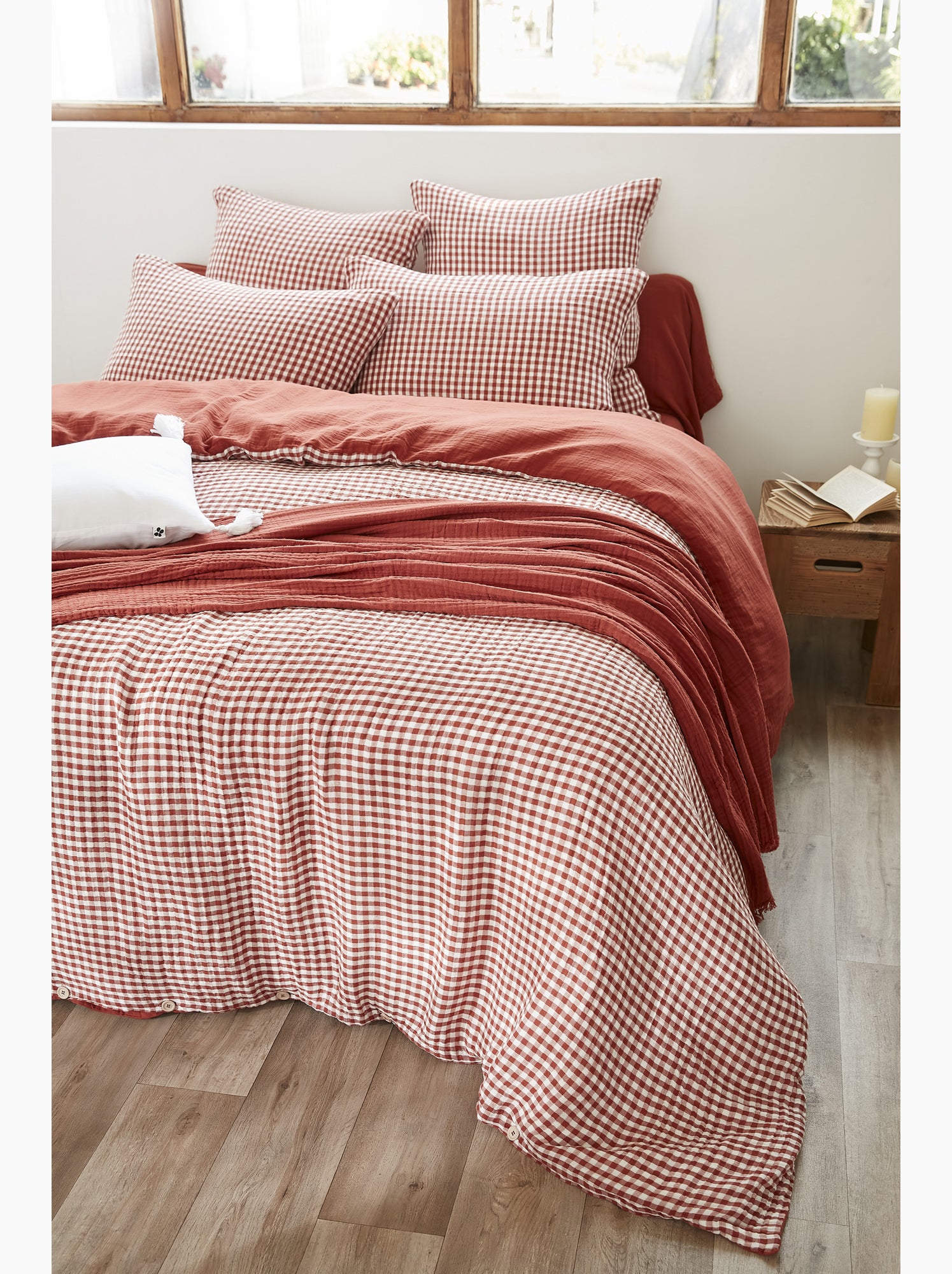 Housse de couette réversible – gaze de coton tissée teintée – carreaux vichy - vickie - Terracotta