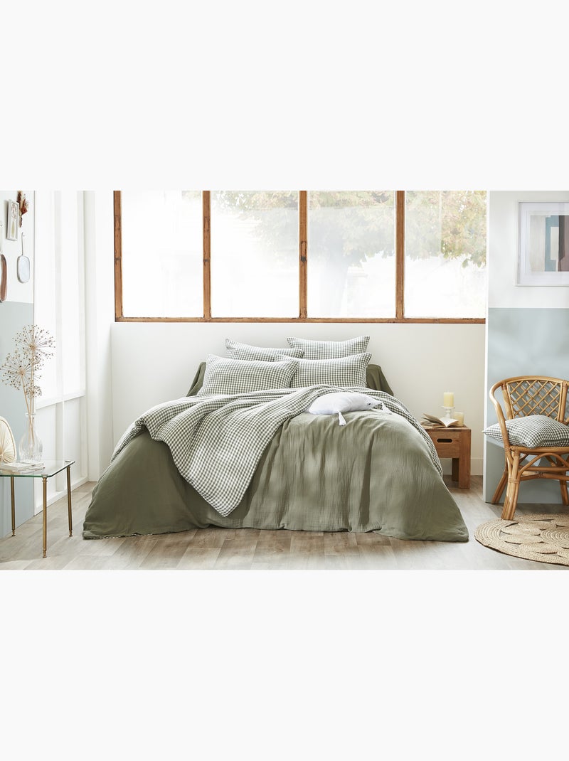 Housse de couette réversible – Gaze de coton tissée teintée – Carreaux vichy - VICKIE Vert Sauge - Kiabi