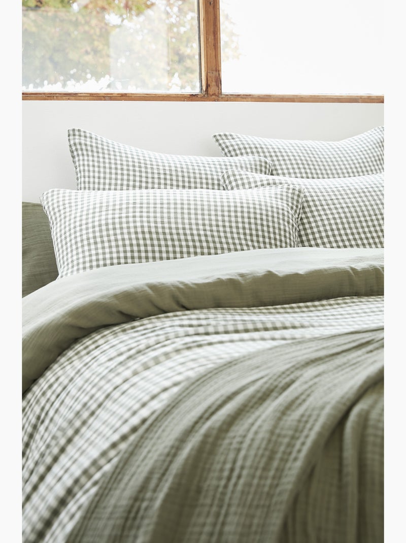 Housse de couette réversible – Gaze de coton tissée teintée – Carreaux vichy - VICKIE Vert Sauge - Kiabi