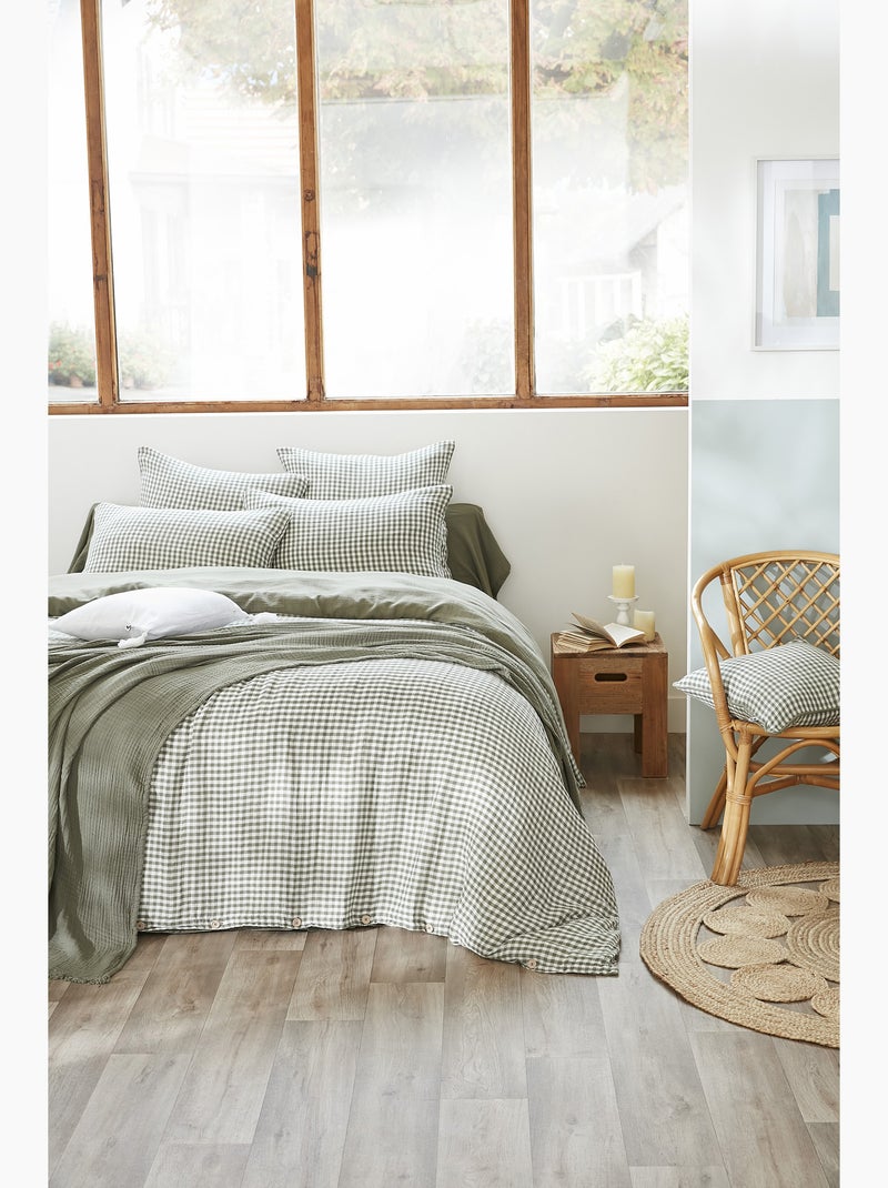 Housse de couette réversible – Gaze de coton tissée teintée – Carreaux vichy - VICKIE Vert Sauge - Kiabi