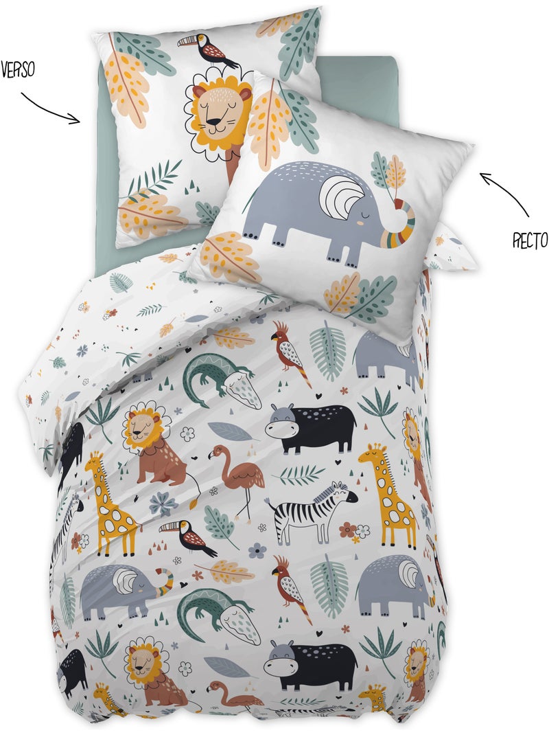 Housse de couette réversible + taie d’oreiller – Coton 57 fils – Imprimé SAVANE Blanc - Kiabi