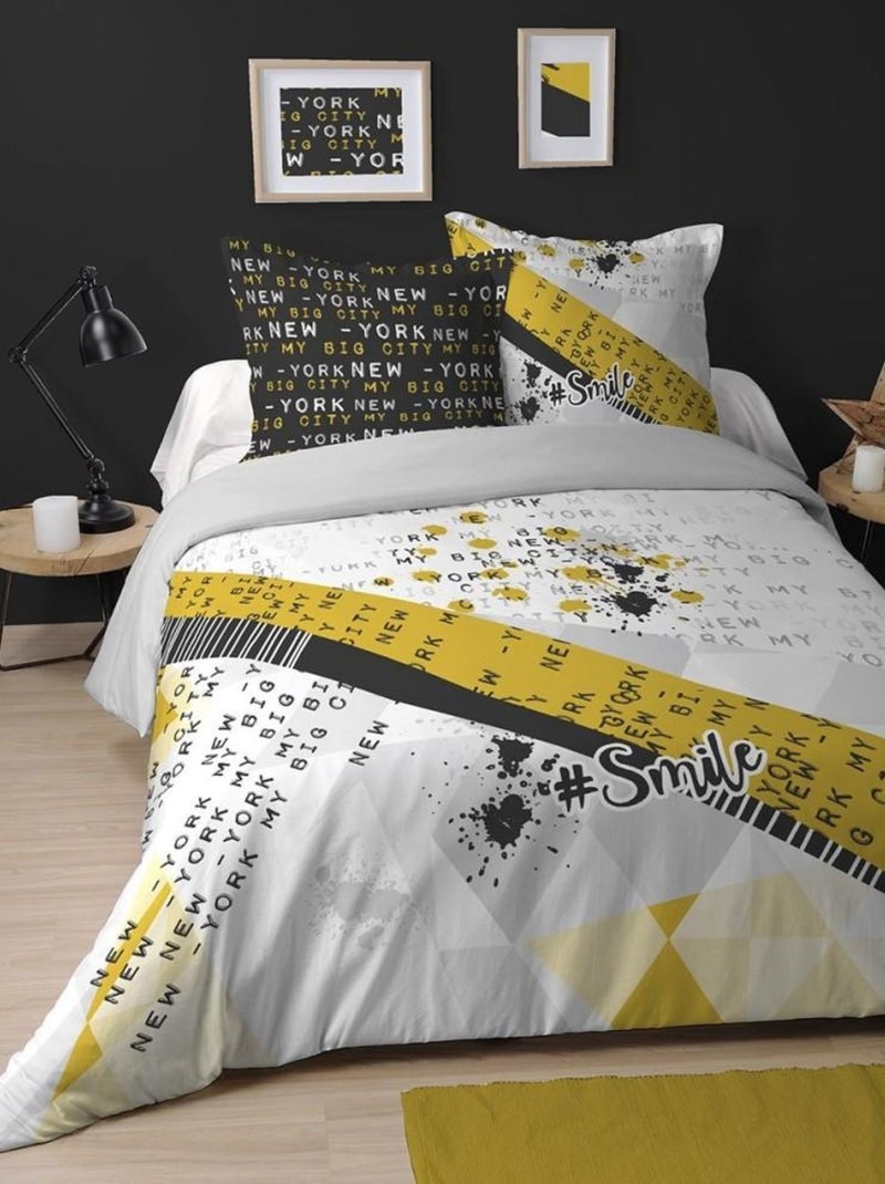 Housse de couette  Smile + 2 taies coton 57 fils Jaune - Kiabi