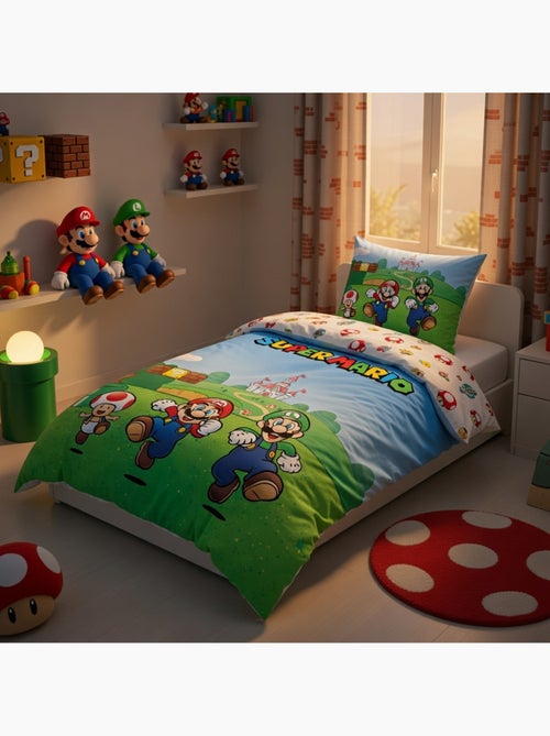 Housse de couette Super Mario - 100% Coton - Vert et bleu - Kiabi