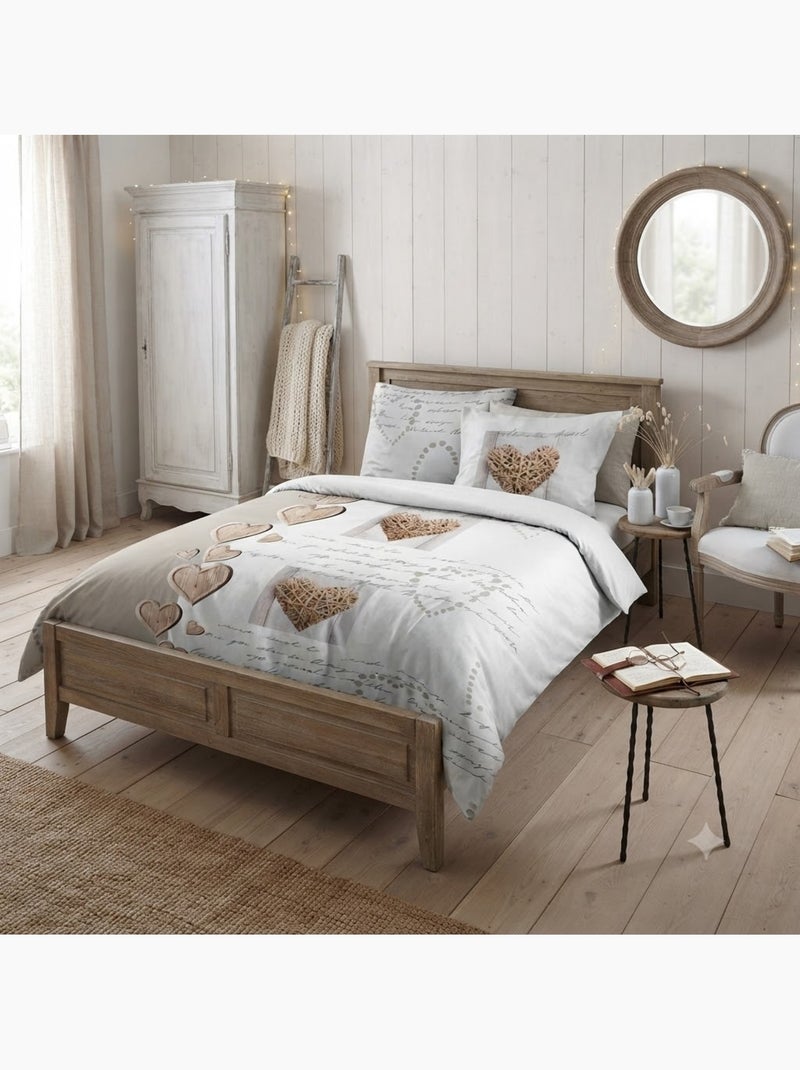 Housse de couette + taie Charming coeur Beige - Kiabi