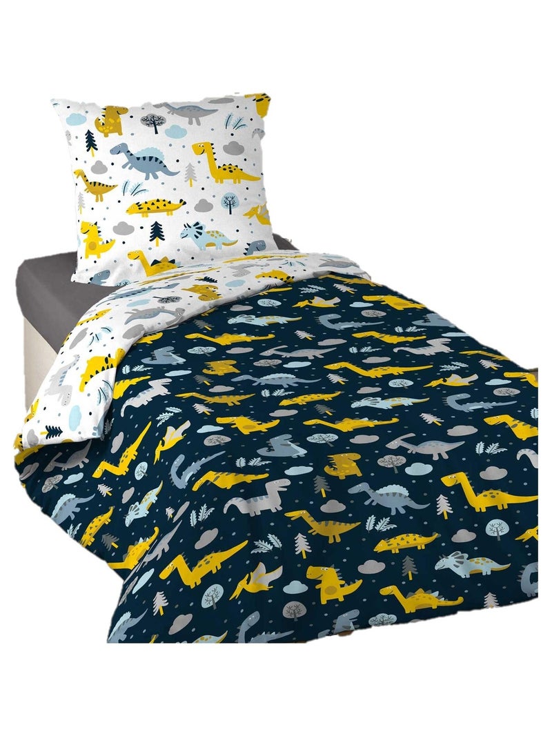 Housse de couette + taie microfibre 140 x 200 cm Dinos Bleu - Kiabi