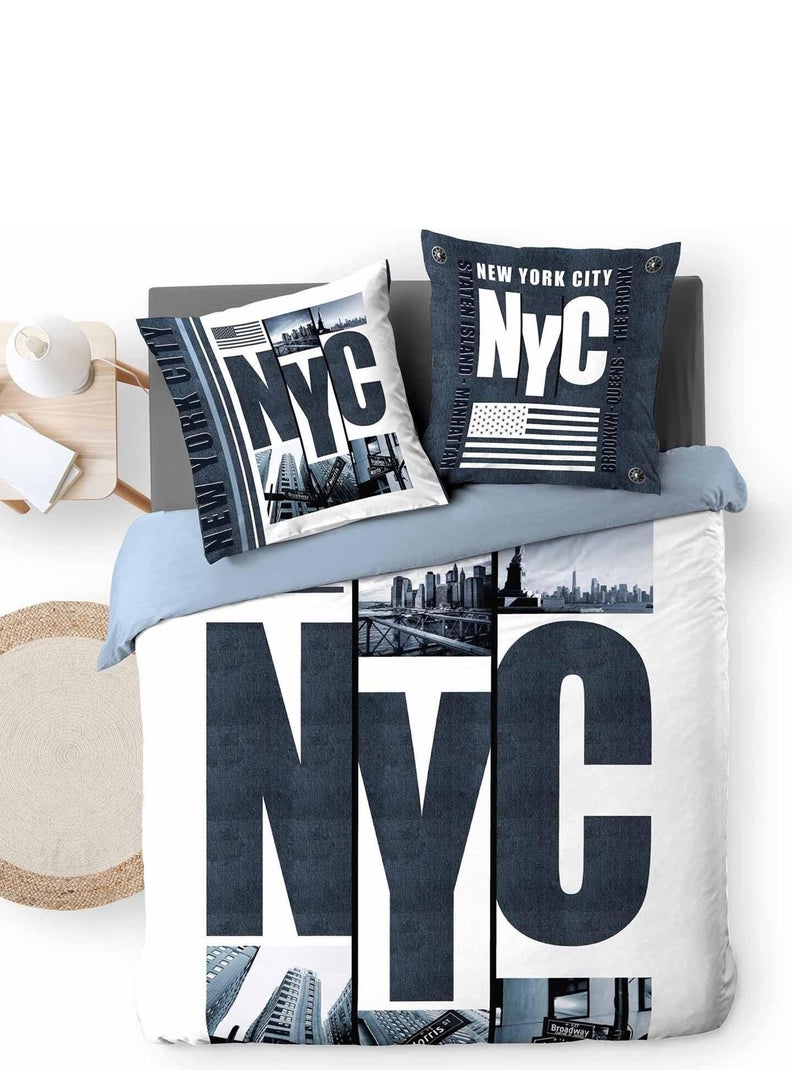 Housse de couette + taie New york hudson Bleu - Kiabi