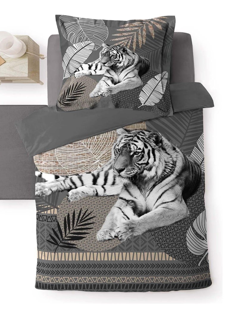 Housse de couette + taie Tigre du bengale Gris - Kiabi