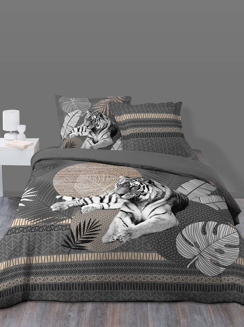 Housse de couette + taie Tigre du bengale Gris - Kiabi