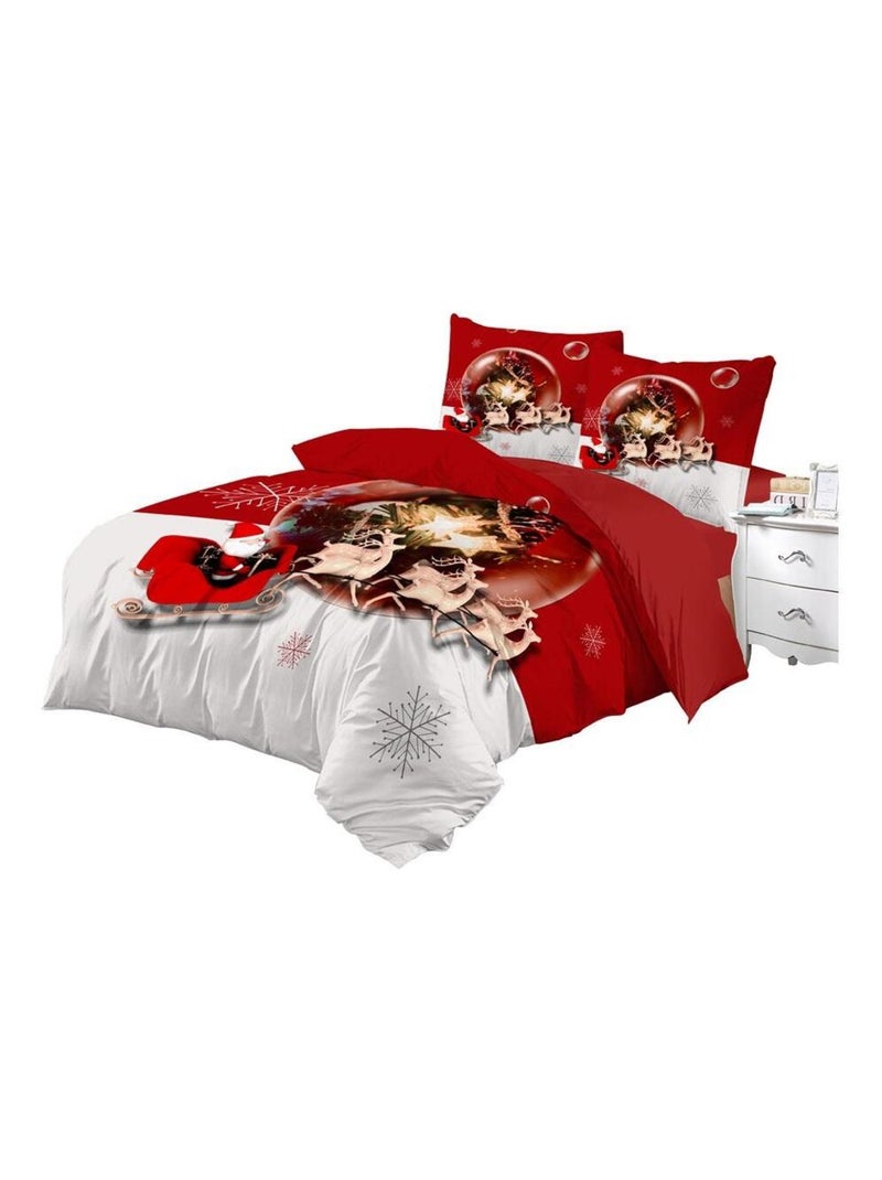 Housse de couette + taies 200 x 200 cm + drap housse Rennes de noel et traineau Rouge - Kiabi