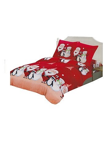 Housse de couette + taies + drap housse Pere noel bonhomme de neige et pingouin