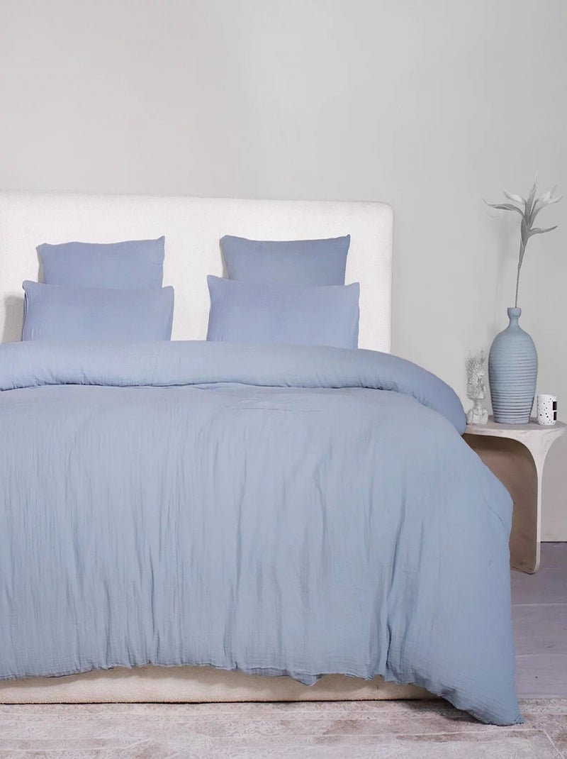 Housse de couette + taies gaze de coton lave Douceur Bleu clair - Kiabi