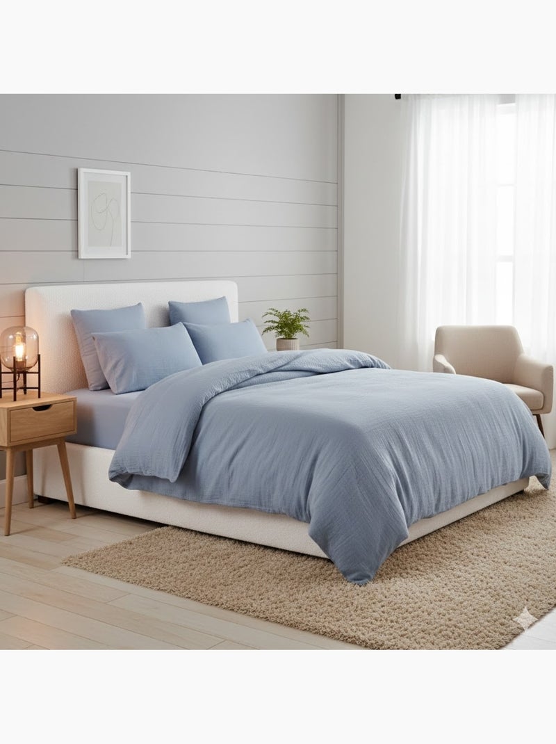 Housse de couette + taies gaze de coton lave Douceur Bleu clair - Kiabi