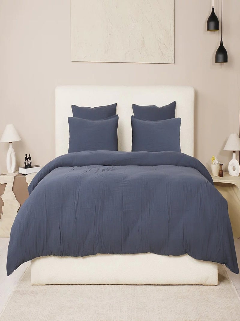 Housse de couette + taies gaze de coton lave Douceur Bleu pétrole - Kiabi