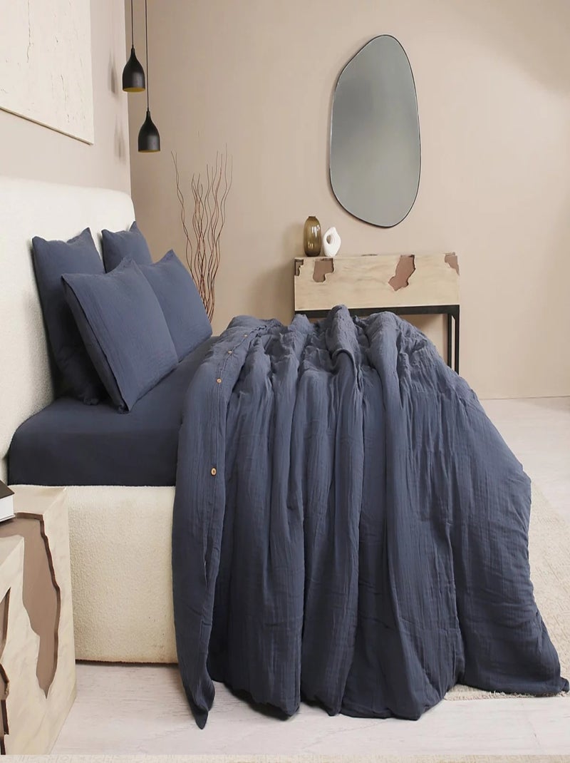 Housse de couette + taies gaze de coton lave Douceur Bleu pétrole - Kiabi