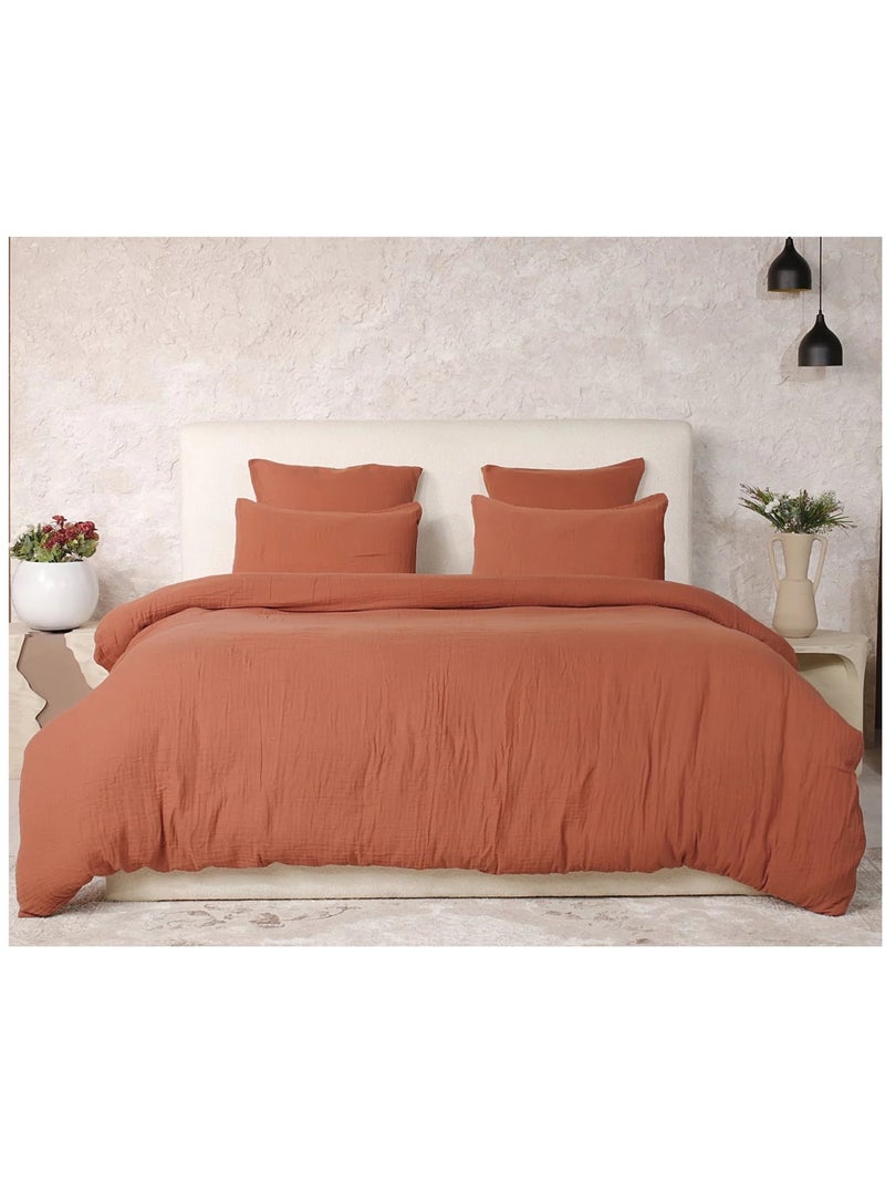 Housse de couette + taies gaze de coton lave Douceur Orange - Kiabi