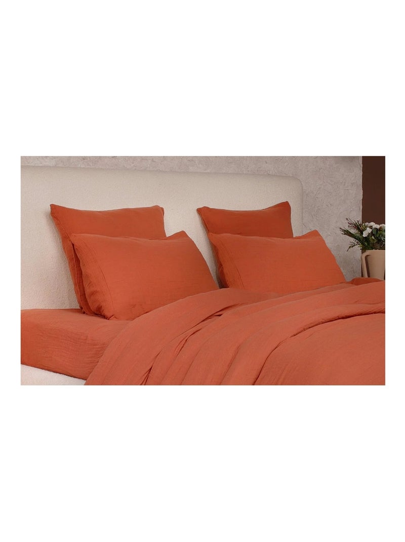 Housse de couette + taies gaze de coton lave Douceur Orange - Kiabi