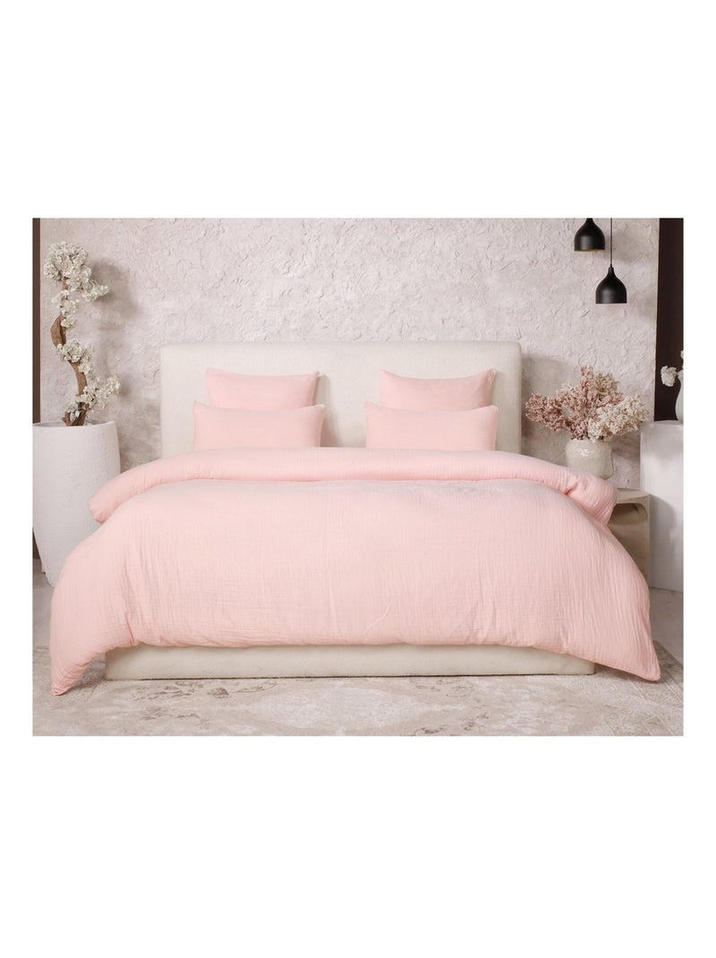 Housse de couette + taies gaze de coton lave Douceur Rose - Kiabi