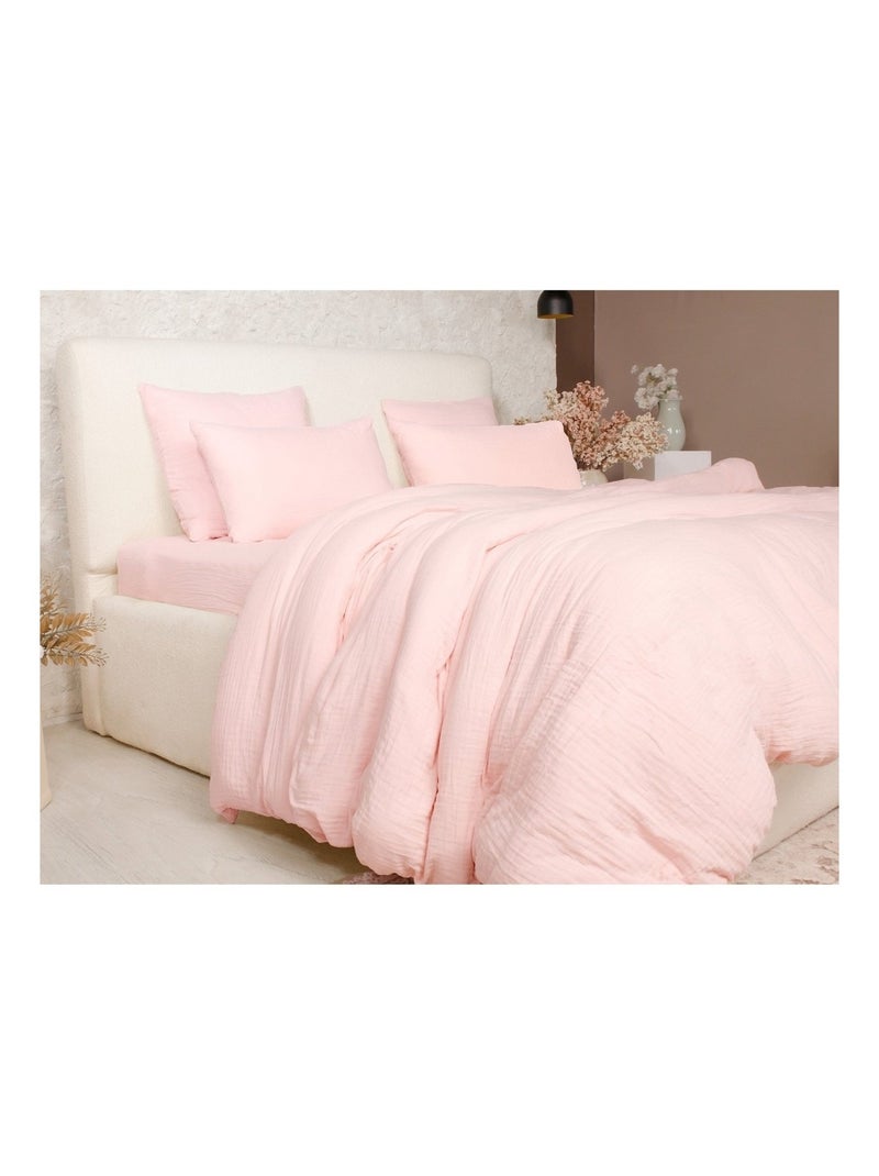 Housse de couette + taies gaze de coton lave Douceur Rose - Kiabi