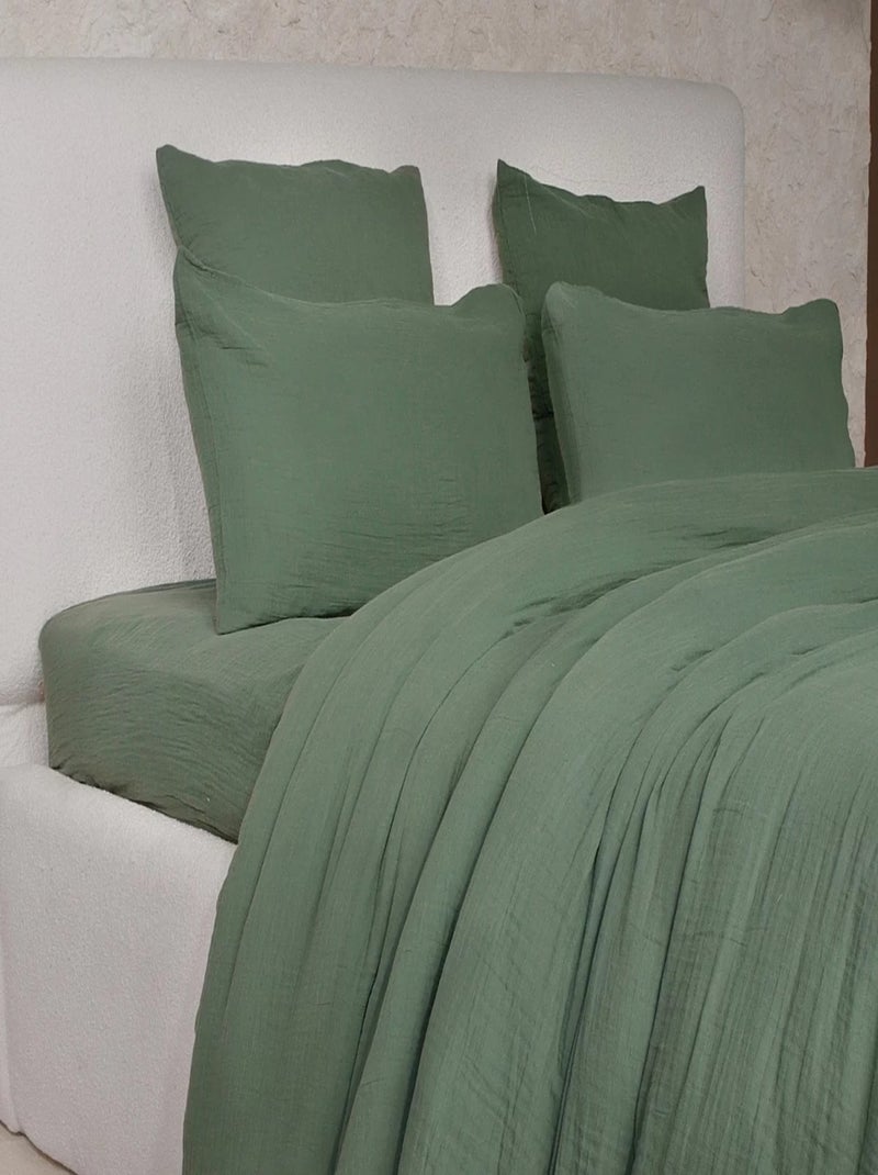 Housse de couette + taies gaze de coton lave Douceur Vert - Kiabi