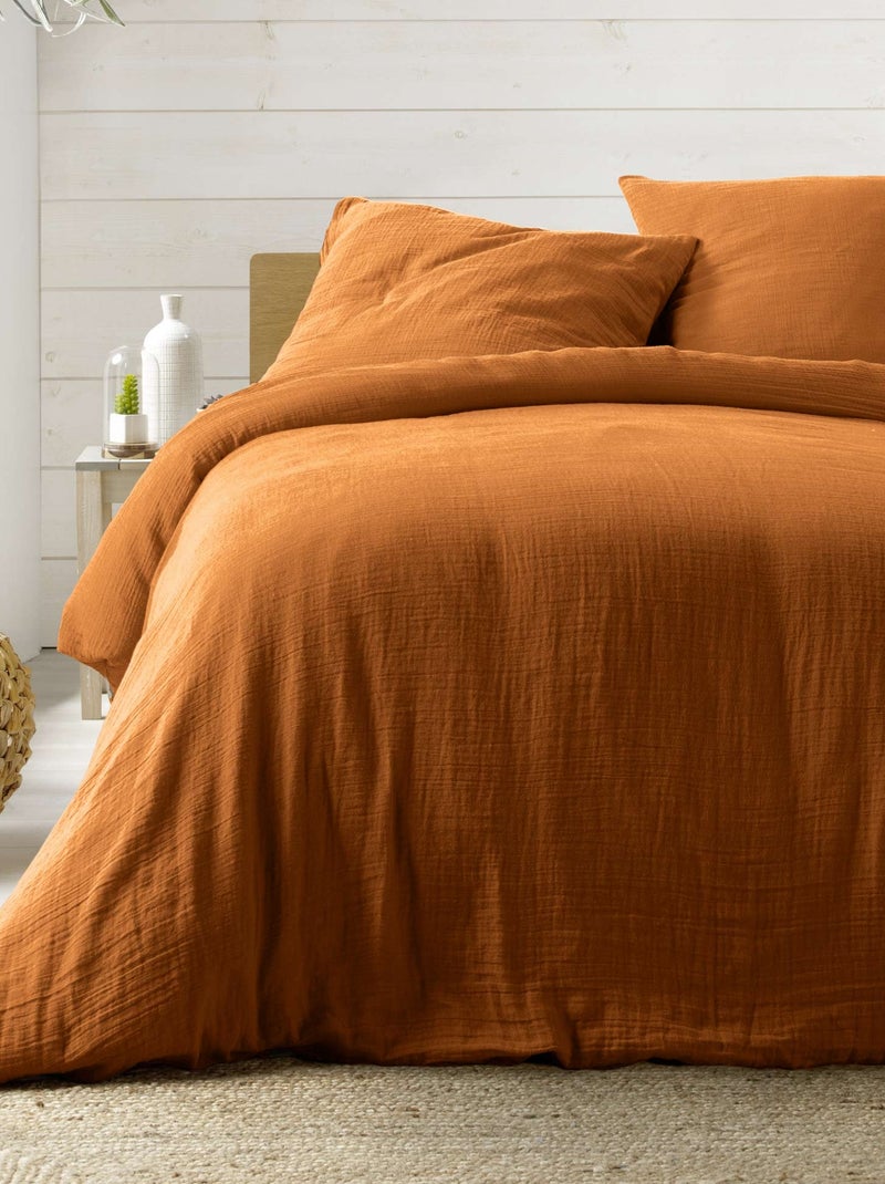 Housse de couette + taies Gaze de coton tendance Marron caramel - Kiabi