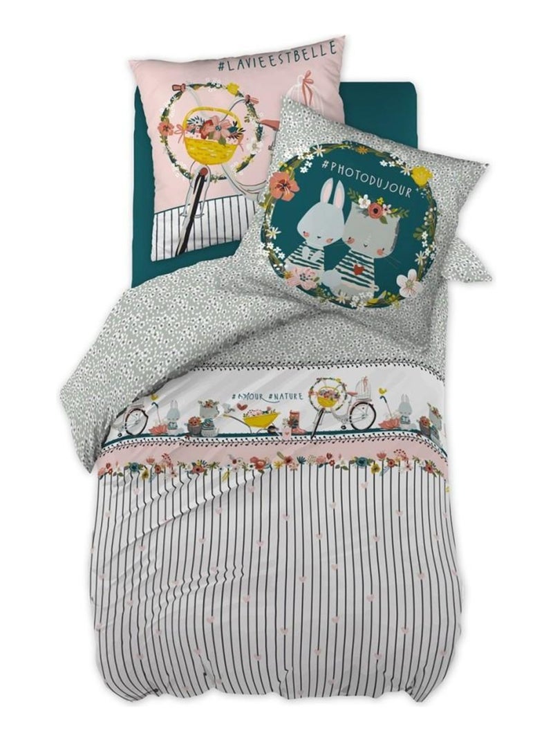 Housse de couette  + taie(s) Jardinage coton 57 fils Blanc - Kiabi