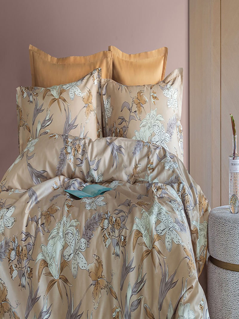 Housse de couette + taies oreiller satin de coton "Botanist" Beige - Kiabi