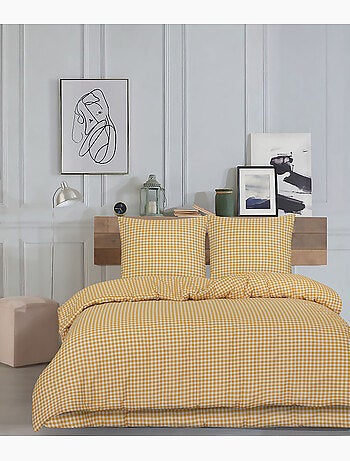 Housse de couette + taie(s) oreiller "Vichy ambre " 100% coton imprimé.