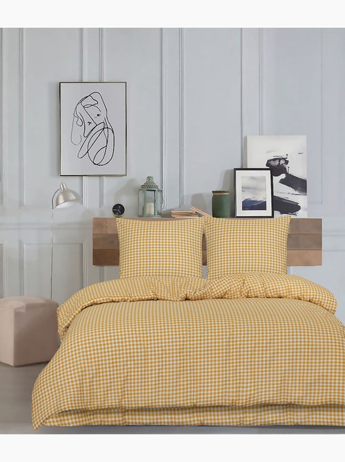 Housse de couette + taie(s) oreiller "Vichy ambre " 100% coton imprimé. - Kiabi