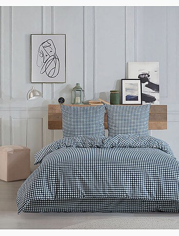 Housse de couette + taie(s) oreiller "Vichy marine" 100% coton imprimé.