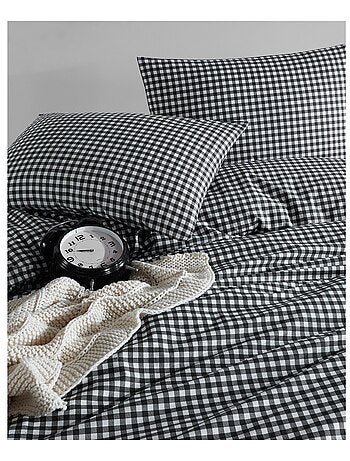 Housse de couette + taie(s) oreiller "Vichy marine" 100% coton imprimé.