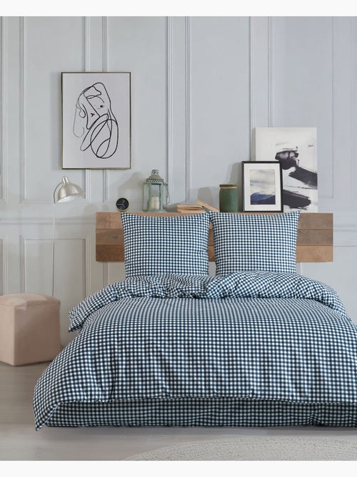 Housse de couette + taie(s) oreiller "Vichy marine" 100% coton imprimé. - Kiabi