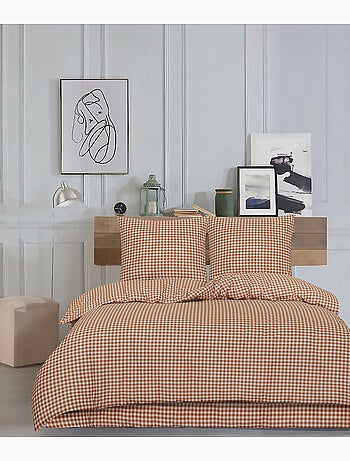 Housse de couette + taie(s) oreiller "Vichy mocca" 100% coton imprimé.
