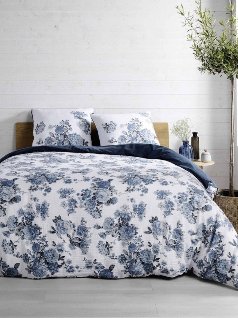 Housse de couette  + taie(s) Roselia double gaze de coton 57 fils Bleu - Kiabi