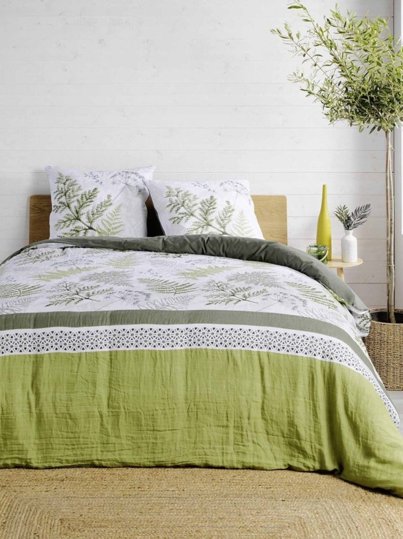 Housse de couette  + taie(s) Verveine double gaze de coton 57 fils Vert - Kiabi