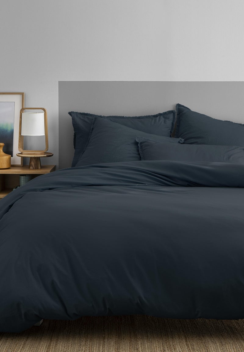 Housse de couette unie en coton, COTON LAVÉ Bleu nuit - Kiabi