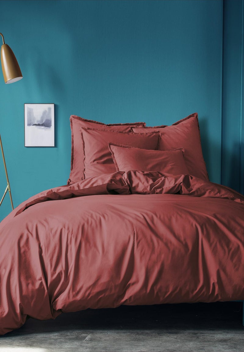 Housse de couette unie en coton, COTON LAVÉ Bordeaux - Kiabi