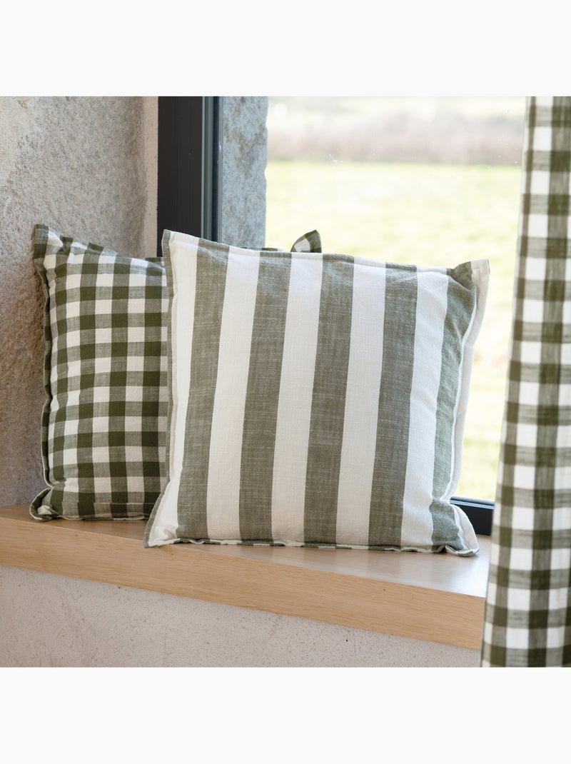 Housse de coussin 100% coton rayures et vichy LOURMARIN Kaki - Kiabi
